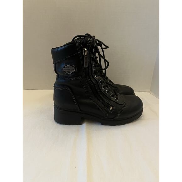 Harley Davidson Womens Sz 7 Black Leather Lace Up Zip 6.5" Ankle Riding Boots - Picture 1 of 10